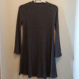 Gray Mock-Neck Rib-Knit Swing Dress